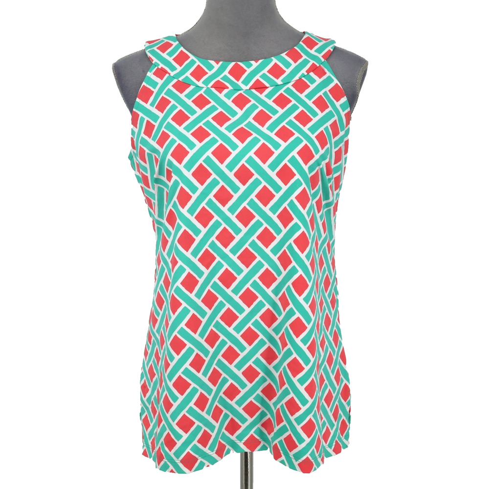 Katherine Way Top Womens Medium Green Orange Stretch Knit Sleeveless Blouse